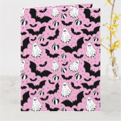 Pink ghosts, bats and pumpkins カード (黄色い花)