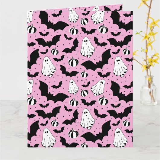 Pink ghosts, bats and pumpkins カード (黄色い花)