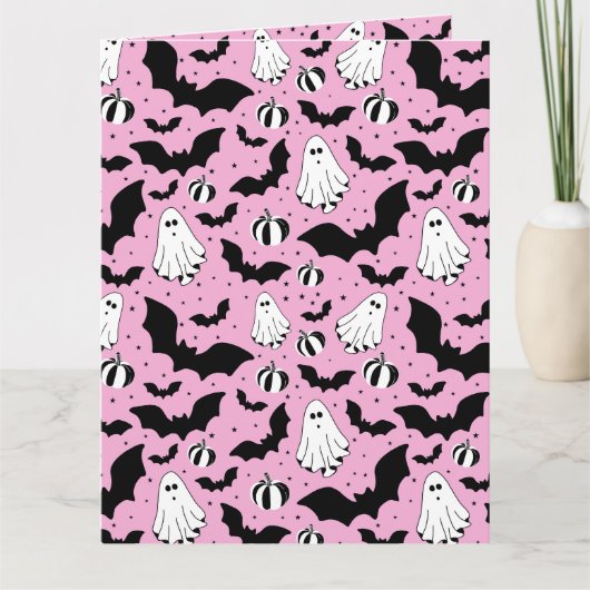 Pink ghosts, bats and pumpkins カード (正面)