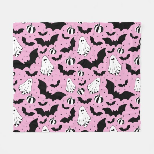 Pink ghosts, bats and pumpkins フリースブランケット (正面(横))