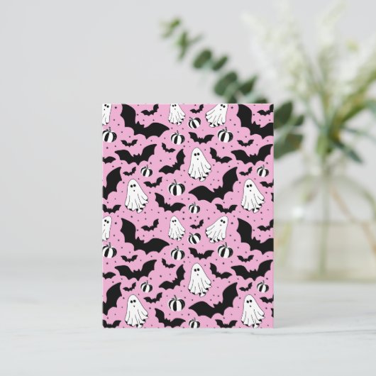 Pink ghosts, bats and pumpkins ポストカード (スタンド正面)