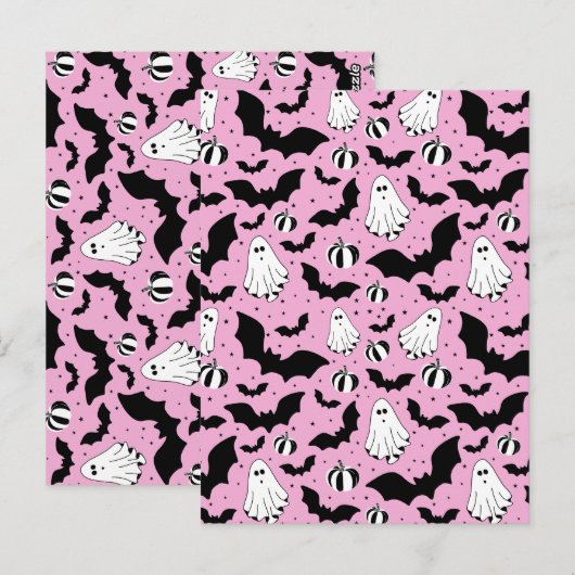 Pink ghosts, bats and pumpkins ポストカード (正面/裏面)