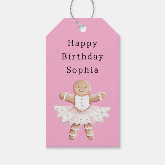 Pink Gingerbread Girl Ballerina Ballet Birthday ギフトタグ (正面)
