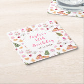 Pink Gingerbread House Birthday Party スクエアペーパーコースター (アングル)