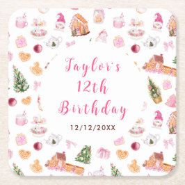 Pink Gingerbread House Birthday Party スクエアペーパーコースター