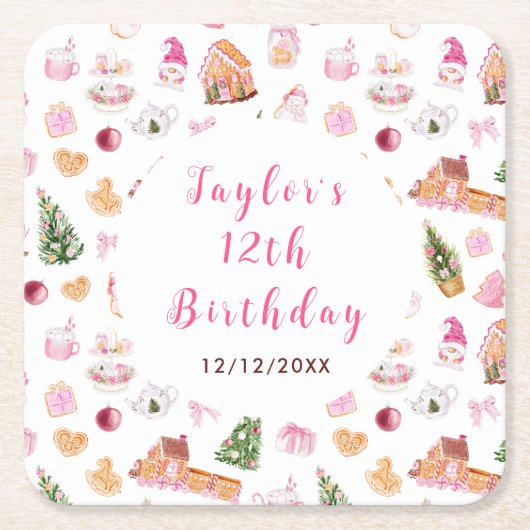 Pink Gingerbread House Birthday Party スクエアペーパーコースター (正面)