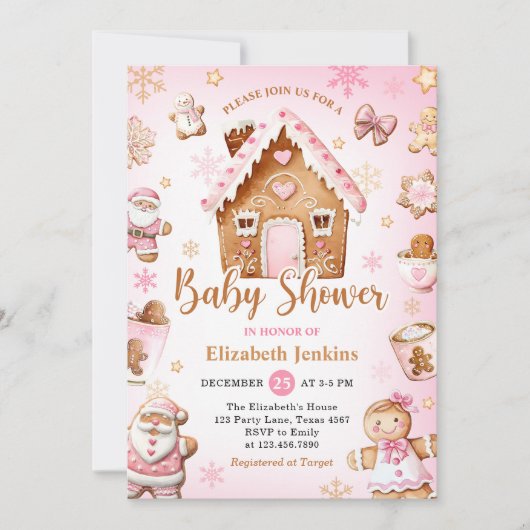 Pink Gingerbread House Christmas Baby Shower 招待状 (正面)