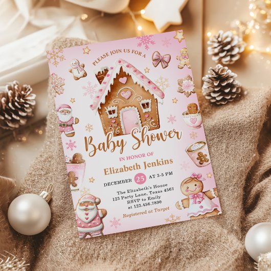 Pink Gingerbread House Christmas Baby Shower 招待状