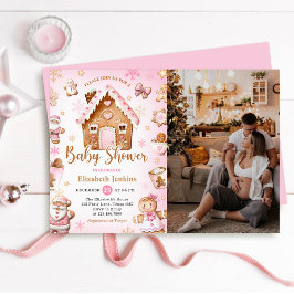 Pink Gingerbread House Christmas Baby Shower Photo 招待状