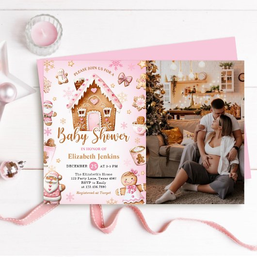 Pink Gingerbread House Christmas Baby Shower Photo 招待状