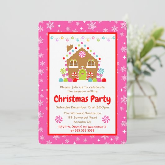 Pink Gingerbread House Christmas Party 招待状 (スタンド正面)