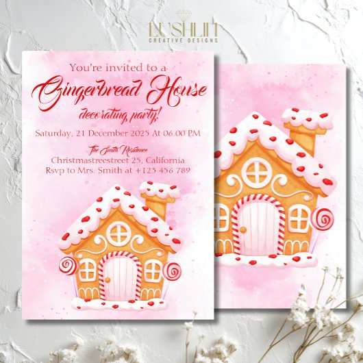 Pink Gingerbread House Christmas Party Decorating  招待状