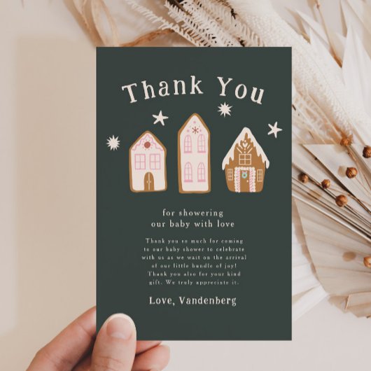 Pink Gingerbread House Holiday Baby Shower サンキューカード
