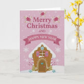 Pink Gingerbread House Merry Christmas Card カード (黄色い花)