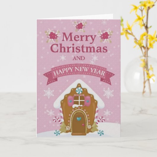 Pink Gingerbread House Merry Christmas Card カード (黄色い花)