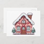 Pink Gingerbread House with Hearts シーズンポストカード (正面/裏面)
