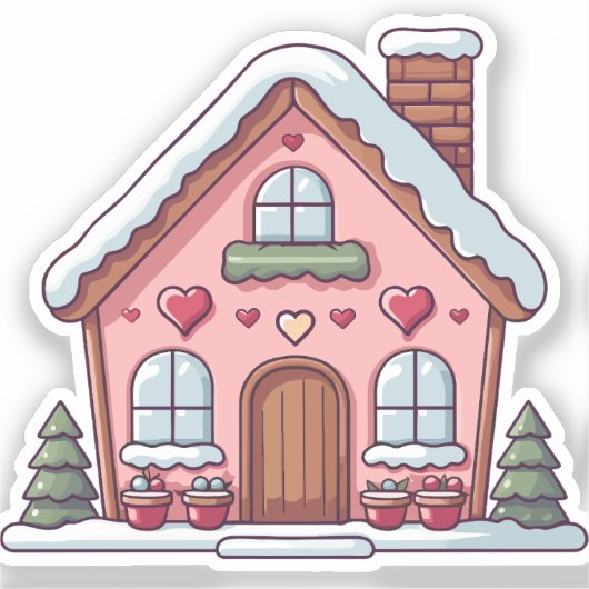 Pink Gingerbread House with Hearts シール (正面)