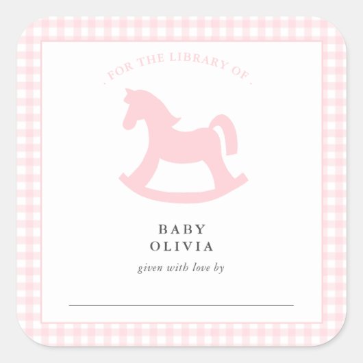 Pink Gingham baby girl for the library蔵書票 スクエアシール (正面)