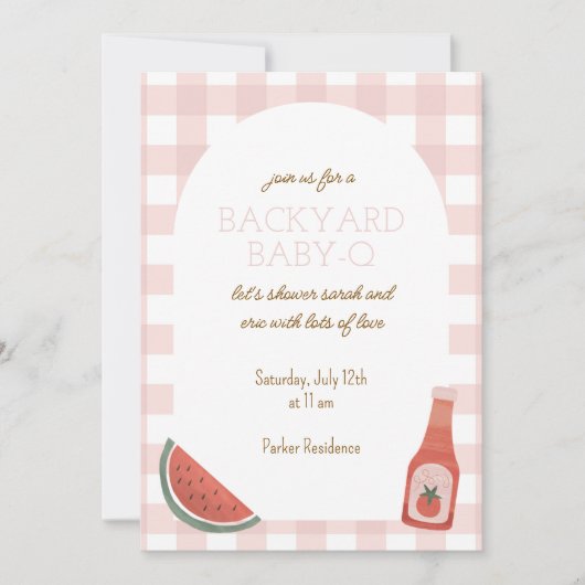 Pink Gingham Baby-Q Baby Shower Invitation 招待状 (正面)