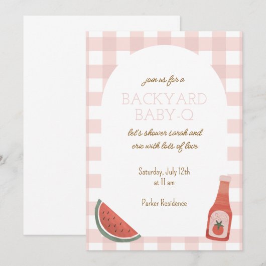 Pink Gingham Baby-Q Baby Shower Invitation 招待状 (正面/裏面)