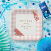 Pink Gingham Baby-Q Square Plate ペーパープレート (パーティー)
