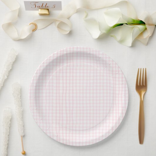 Pink Gingham Baby Shower ペーパープレート (ウェディング)