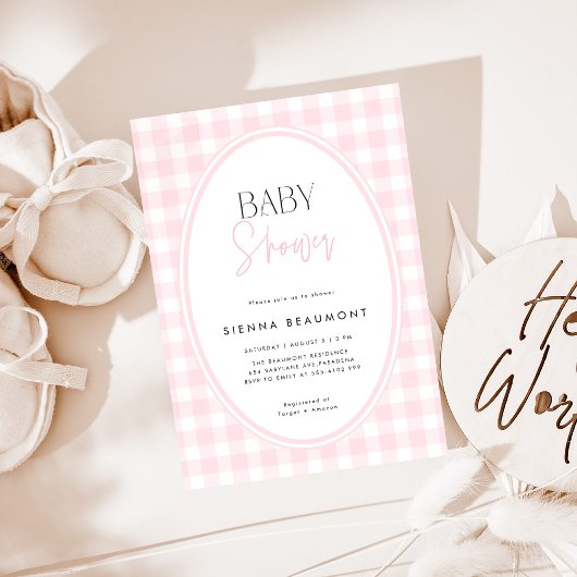 Pink Gingham Baby Shower Invitation 招待状