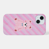 Pink Gingham Bear and Diagonal Stripes Phone Case iPhone 15ケース (裏面横)
