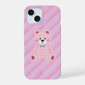 Pink Gingham Bear and Diagonal Stripes Phone Case iPhone 15ケース (裏面)