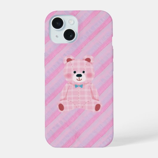 Pink Gingham Bear and Diagonal Stripes Phone Case iPhone 15ケース (裏面)