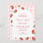 Pink Gingham Berry First Birthday 1st Birthday 招待状 (正面/裏面)