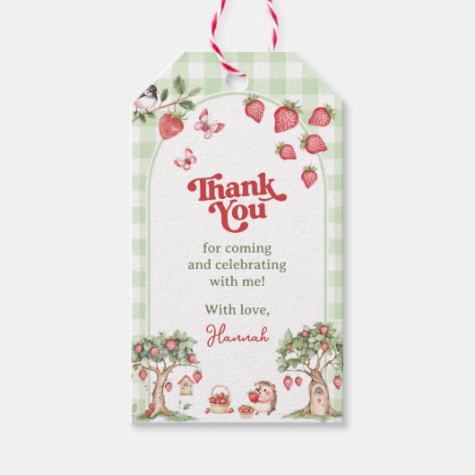 Pink Gingham Berry First Strawberry 1st Birthday ギフトタグ (正面)