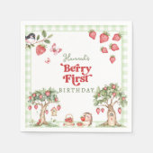 Pink Gingham Berry First Strawberry 1st Birthday スタンダードカクテルナプキン (正面)