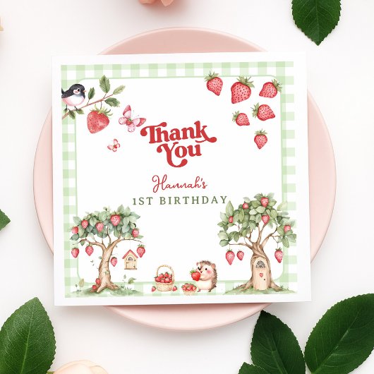 Pink Gingham Berry First Strawberry 1st Birthday スタンダードカクテルナプキン