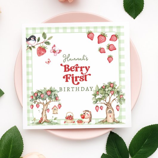 Pink Gingham Berry First Strawberry 1st Birthday スタンダードカクテルナプキン