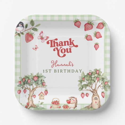 Pink Gingham Berry First Strawberry 1st Birthday ペーパープレート (正面)