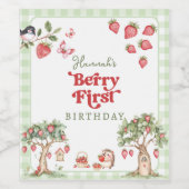 Pink Gingham Berry First Strawberry 1st Birthday ワインラベル (シングルラベル)