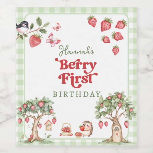 Pink Gingham Berry First Strawberry 1st Birthday ワインラベル (シングルラベル)