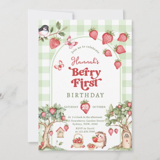 Pink Gingham Berry First Strawberry 1st Birthday 招待状 (正面)
