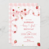 Pink Gingham Berry First Strawberry 1st Birthday 招待状 (正面/裏面)