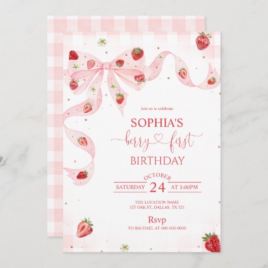 Pink Gingham Berry First Strawberry 1st Birthday 招待状 (正面/裏面)