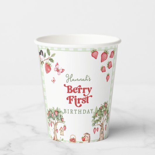 Pink Gingham Berry First Strawberry 1st Birthday 紙コップ (裏面)