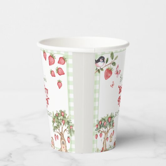Pink Gingham Berry First Strawberry 1st Birthday 紙コップ (右)