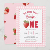 Pink Gingham Berry First Strawberry Themed 招待状 (正面/裏面)