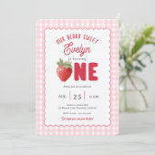 Pink Gingham Berry First Strawberry Themed 招待状 (スタンド正面)