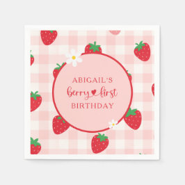Pink Gingham Berry Sweet Birthday Napkin スタンダードカクテルナプキン