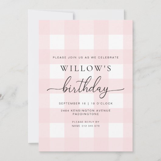 Pink Gingham Birthday Invitation 招待状 (正面)