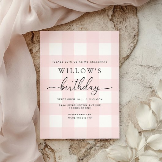 Pink Gingham Birthday Invitation 招待状