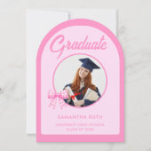 Pink Gingham Bow Arch Photo Graduation Party 招待状 (正面)