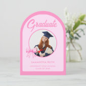 Pink Gingham Bow Arch Photo Graduation Party 招待状 (スタンド正面)